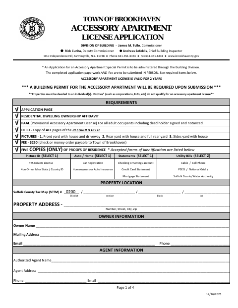 First page of the Accessory Apartment License Application