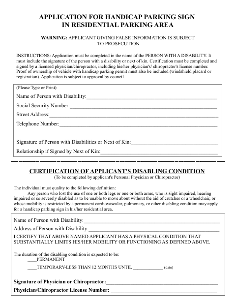 First page of the Application for Handicap Parking Sign in Residential Parking Area