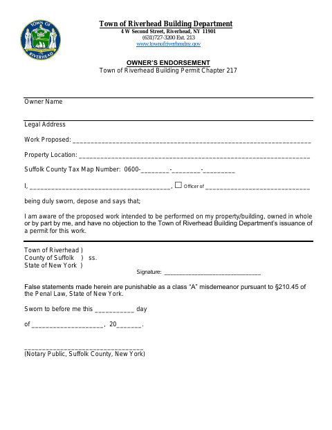 First page of the Owner’s Endorsement