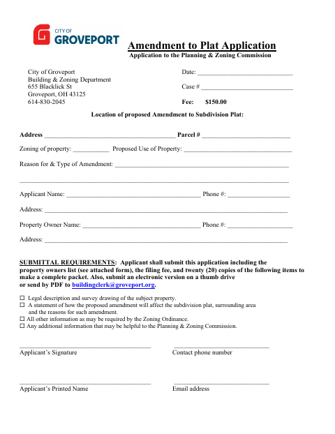 First page of the Amendment to Plat Application