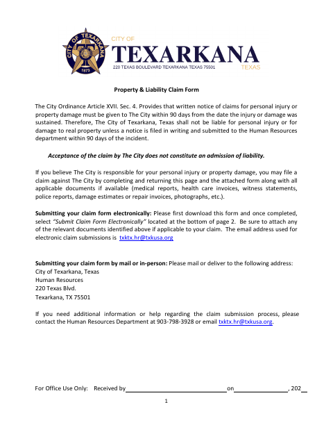 First page of the Property & Liability Claim Form
