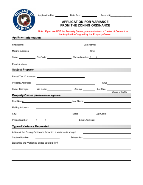 First page of the Application for Variance From the Zoning Ordinance