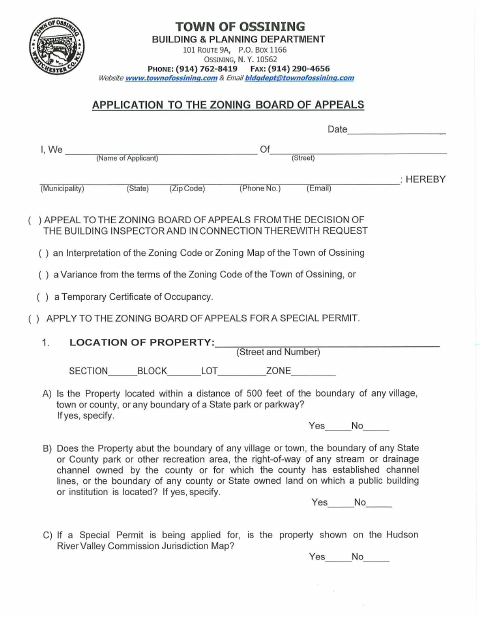 First page of the Zoning Board of Appeals Application