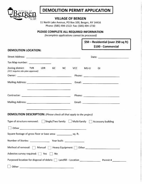 First page of the Demolition Permit Application