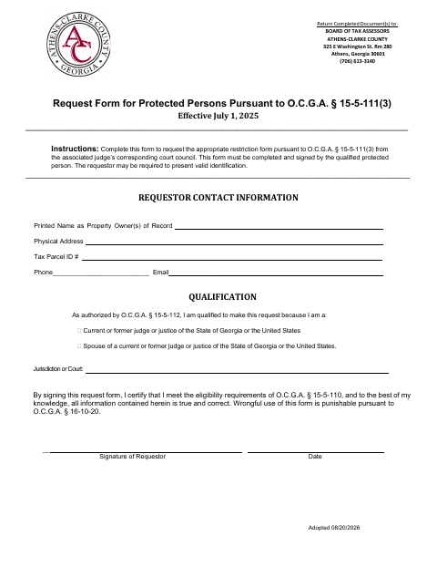 First page of the Request Form for Protected Persons