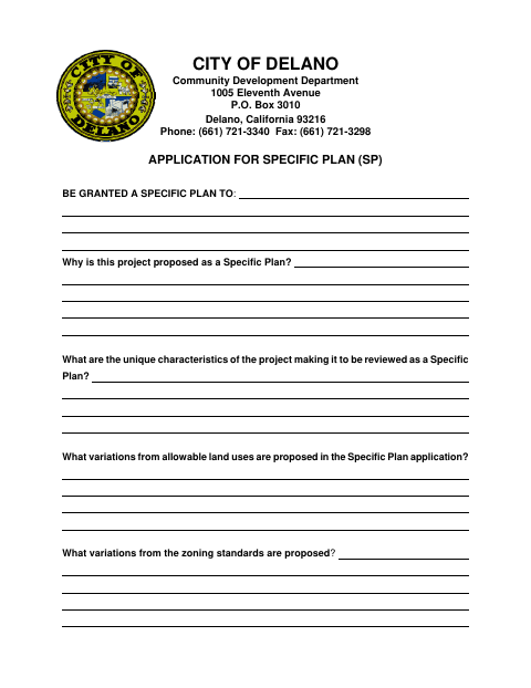 First page of the Application For Specific Plan