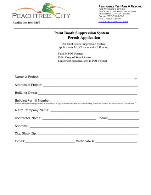 First page of the Paint Booth Suppression System Permit Application
