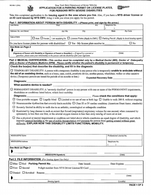 First page of the Application for a Parking Permit or License Plates for Persons with Severe Disabilities