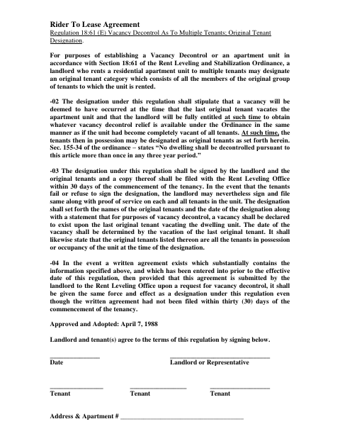First page of the Rider to Lease Agreement