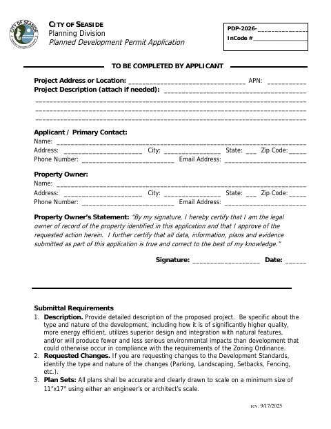First page of the Planned Development Permit Application