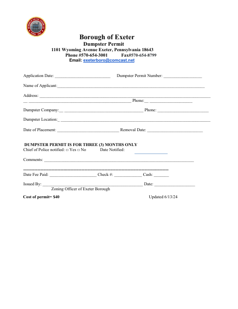 First page of the Dumpster Permit Application