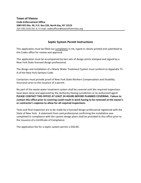 First page of the Septic System Permit Application