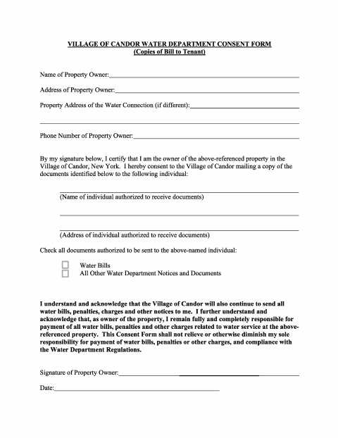 First page of the Water Department Consent Form for Copies of Bills to Tenants