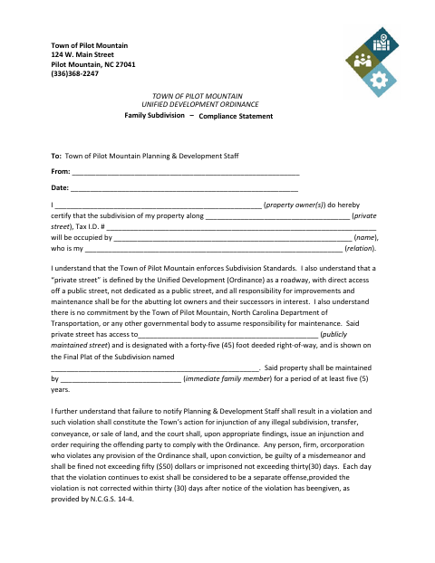 First page of the Family Subdivision Compliance Statement