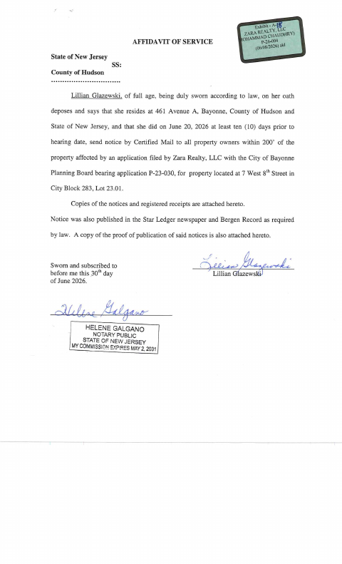 First page of the Planning Board Affidavit of Service and Mailing