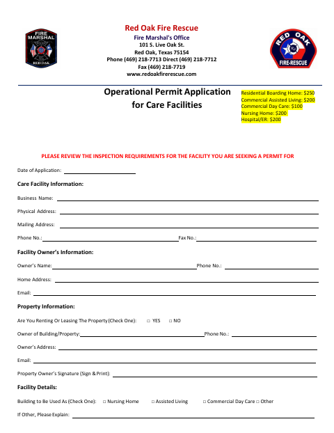 First page of the Operational Permit Application for Care Facilities