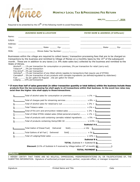 First page of the Monthly Local Tax & Processing Fee Return
