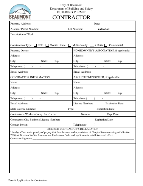First page of the Permit Application for Contractors
