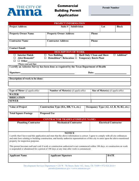First page of the Commercial Building Permit Application
