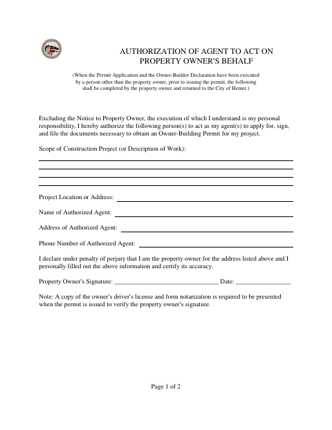 First page of the Authorization of Agent to Act on Property Owner’s Behalf