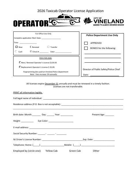 First page of the Taxicab Operator License Application