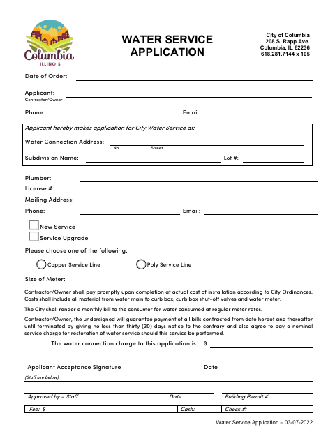 First page of the Water Service Application