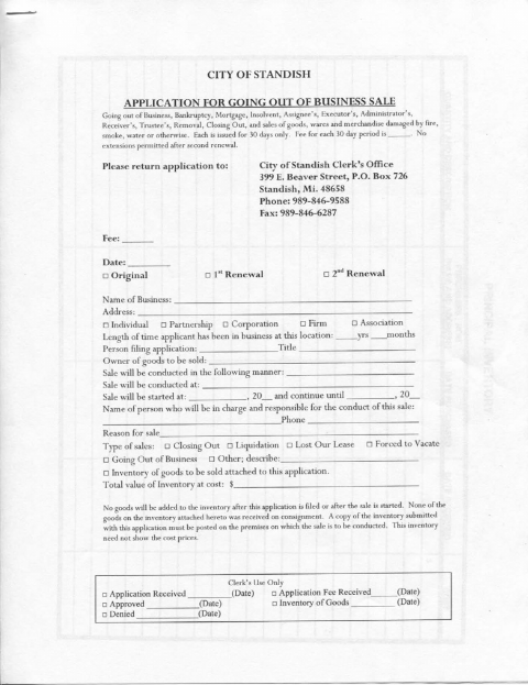 First page of the Going Out of Business Sale Application