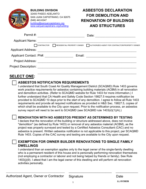 First page of the Asbestos Declaration for Demolition and Renovation of Buildings & Structures