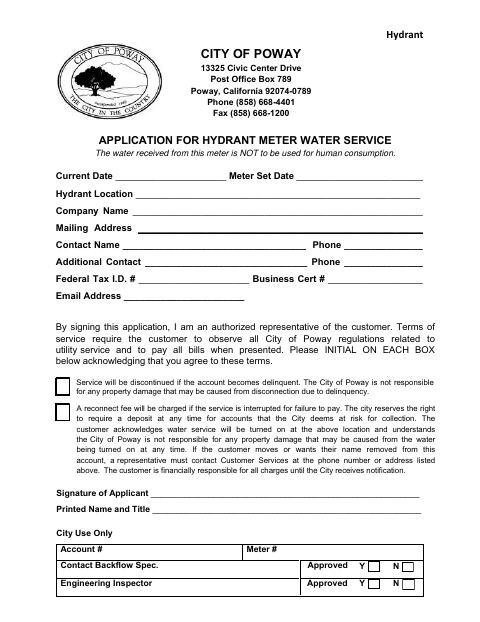 First page of the Construction Hydrant Meter Application