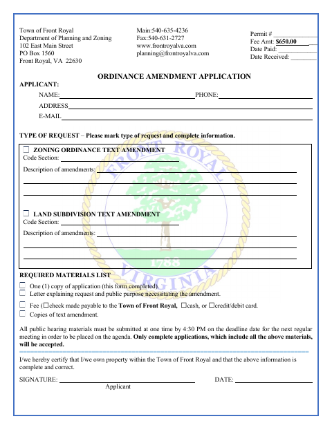 First page of the Ordinance Amendment Application