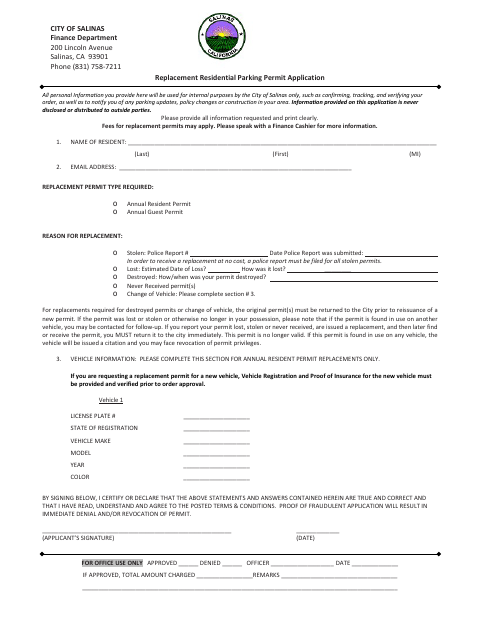 First page of the Replacement Residential Parking Permit Application