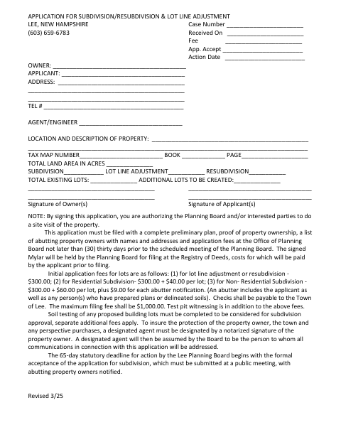 First page of the Subdivision, Resubdivision & Lot Line Adjustment Application