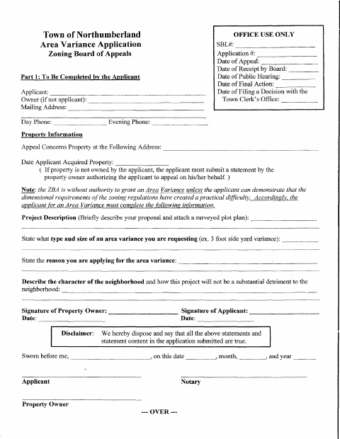 First page of the Area Variance Application