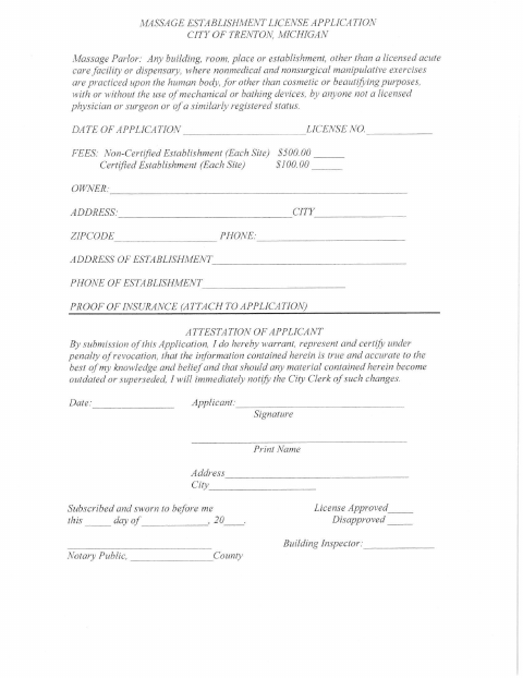 First page of the Massage Establishment License Application