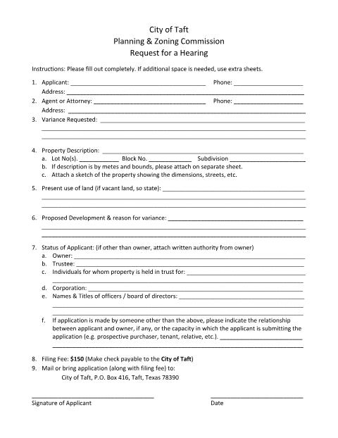 First page of the Planning & Zoning Commission Request for a Hearing