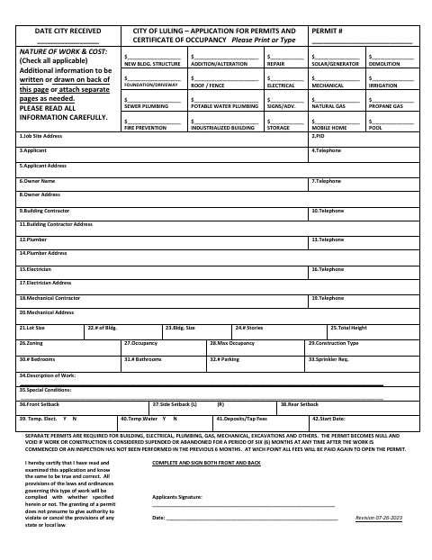 First page of the Application for Permits and Certificate of Occupancy