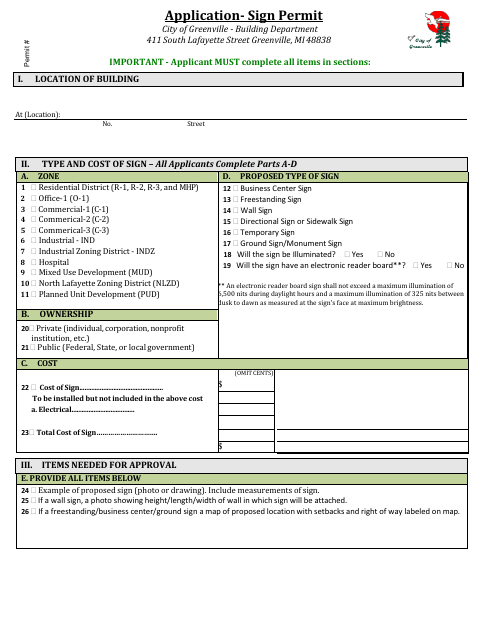 First page of the Sign Permit Application