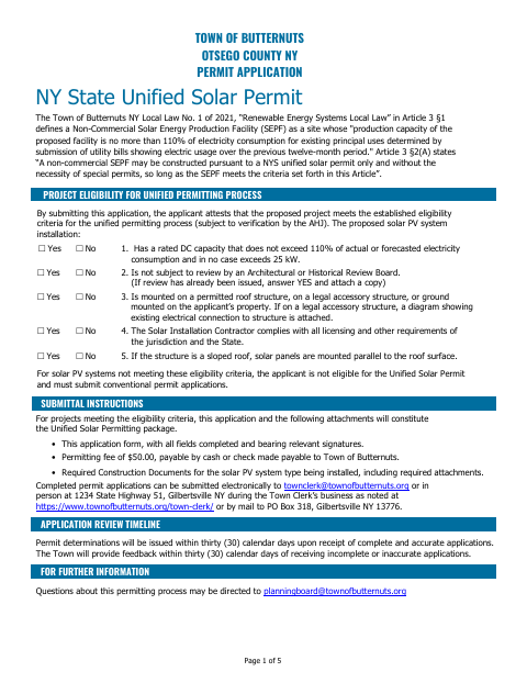 First page of the NY State Unified Solar Permit Application