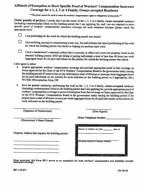 First page of the Workers’ Compensation Exemption Affidavit for Owner-Occupied Residences