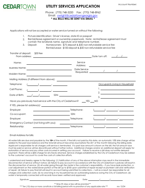 First page of the Utility Services Application