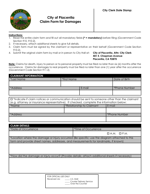 First page of the Claim Form for Damages