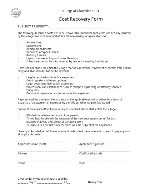 First page of the Cost Recovery Form
