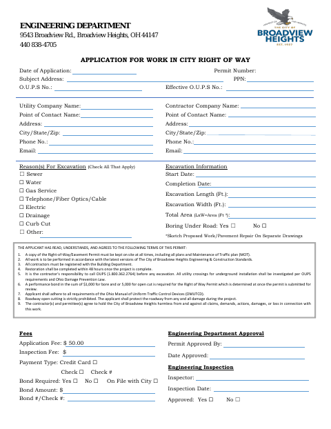 First page of the Application for Work in City Right of Way