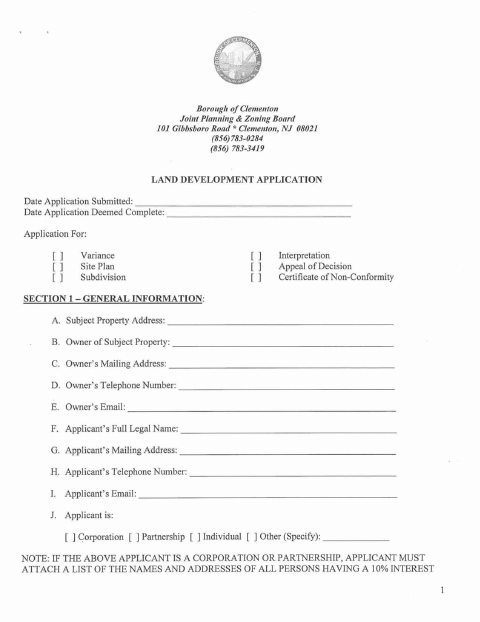 First page of the Land Development Application