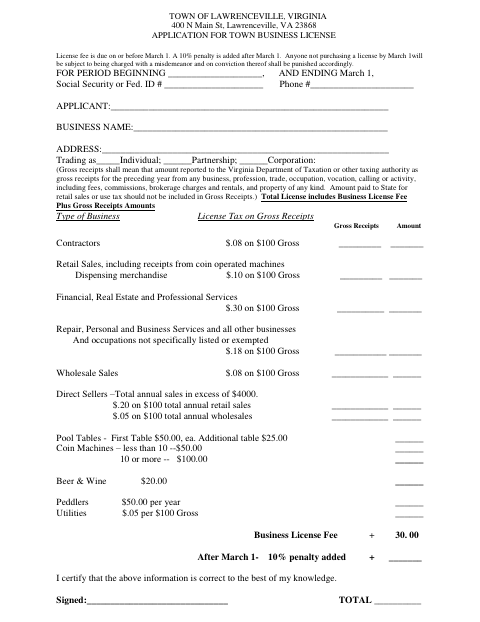First page of the Application for Town Business License