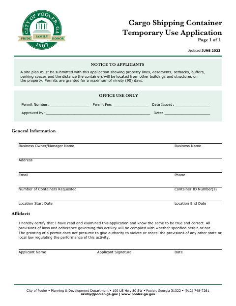First page of the Cargo Shipping Container Temporary Use Application