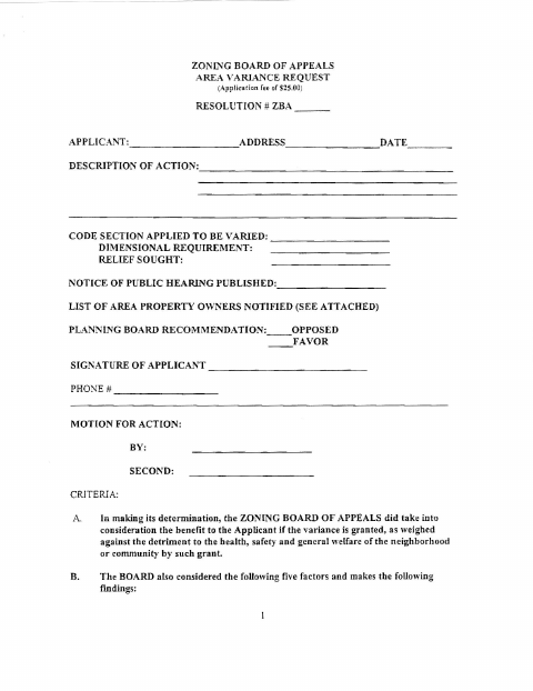 First page of the Zoning Board of Appeals Area Variance Request