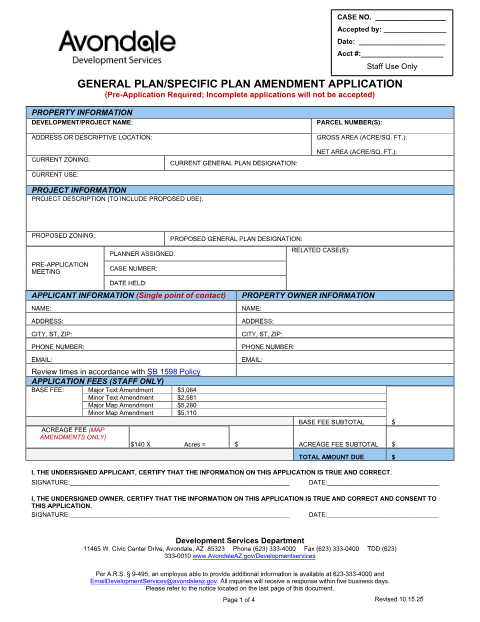 First page of the General Plan Amendment Application