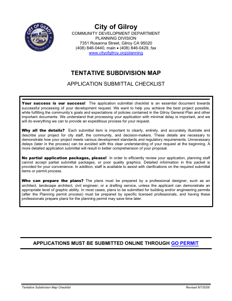 First page of the Tentative Subdivision Map Checklist