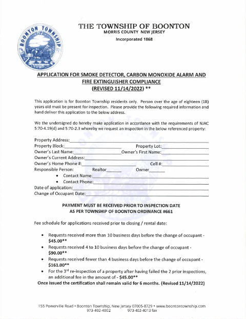 First page of the Smoke Detector, Carbon Monoxide Alarm And Fire Extinguisher Compliance Application